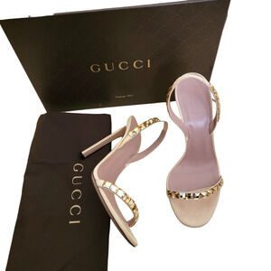 Gucci Mallory Crystal Suede Slingback Sandals Heels Pink Beige Gold 7.5 37.5
